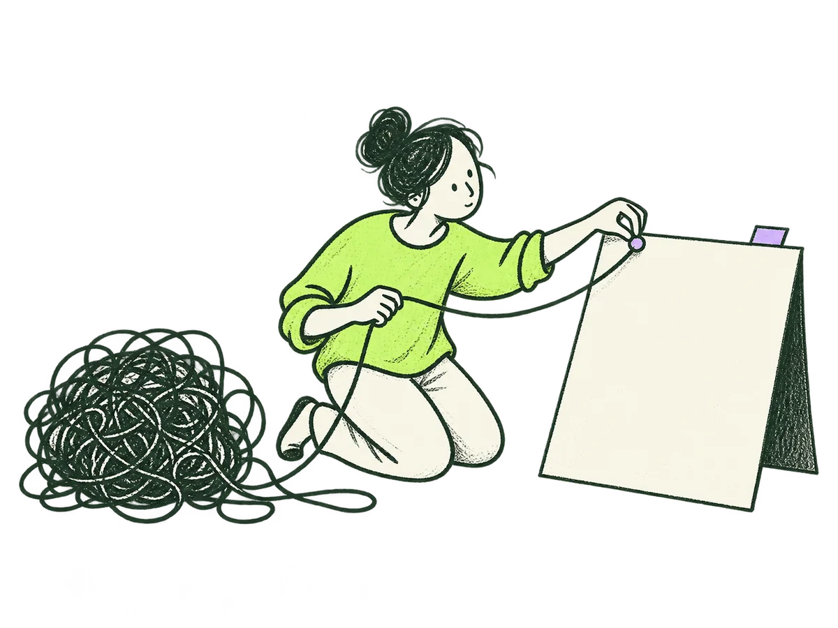 A person draws one useful thread from a tangle and pins it to a blank card.